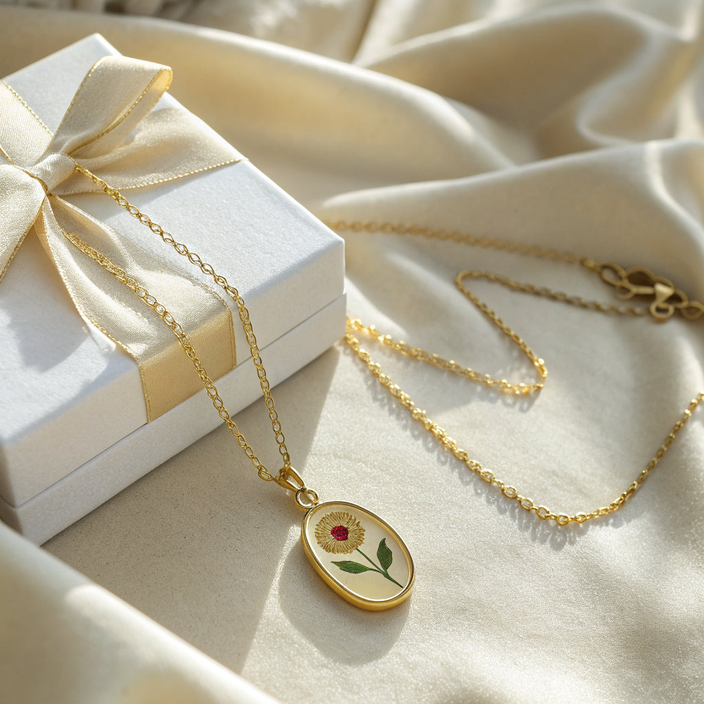 birth flower necklace worn, close-up - Norfloor