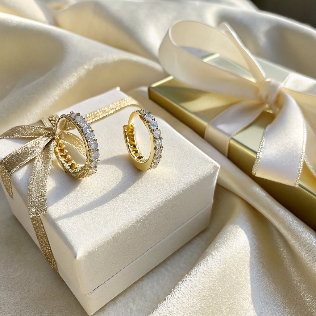 diamond huggie earrings worn, close-up - Norfloor