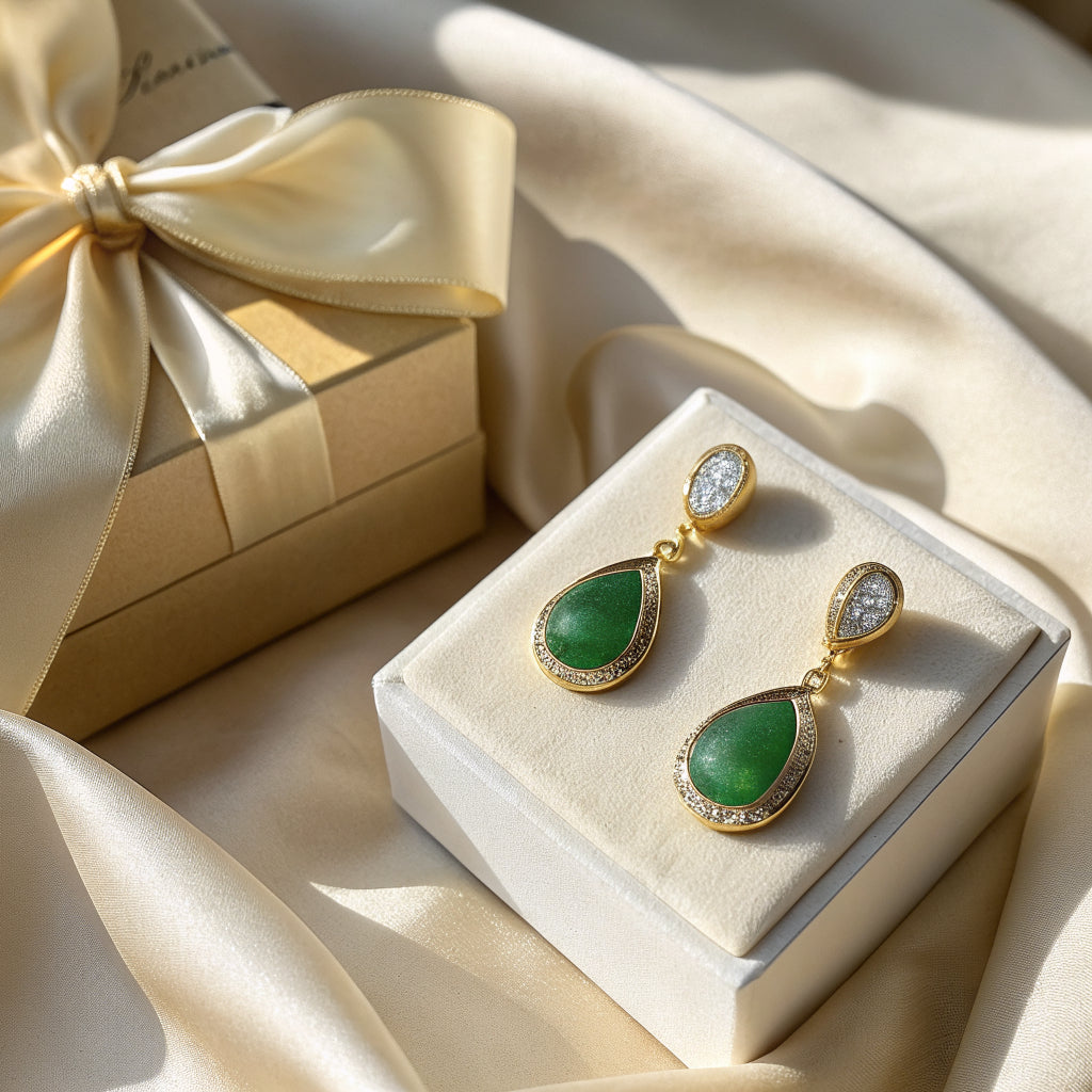 gemstone stud earrings worn, close-up - Norfloor