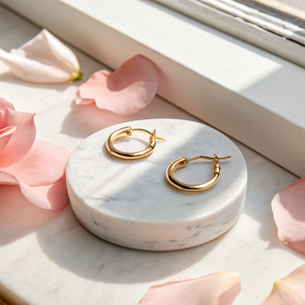 gold huggie earrings worn, close-up - Norfloor