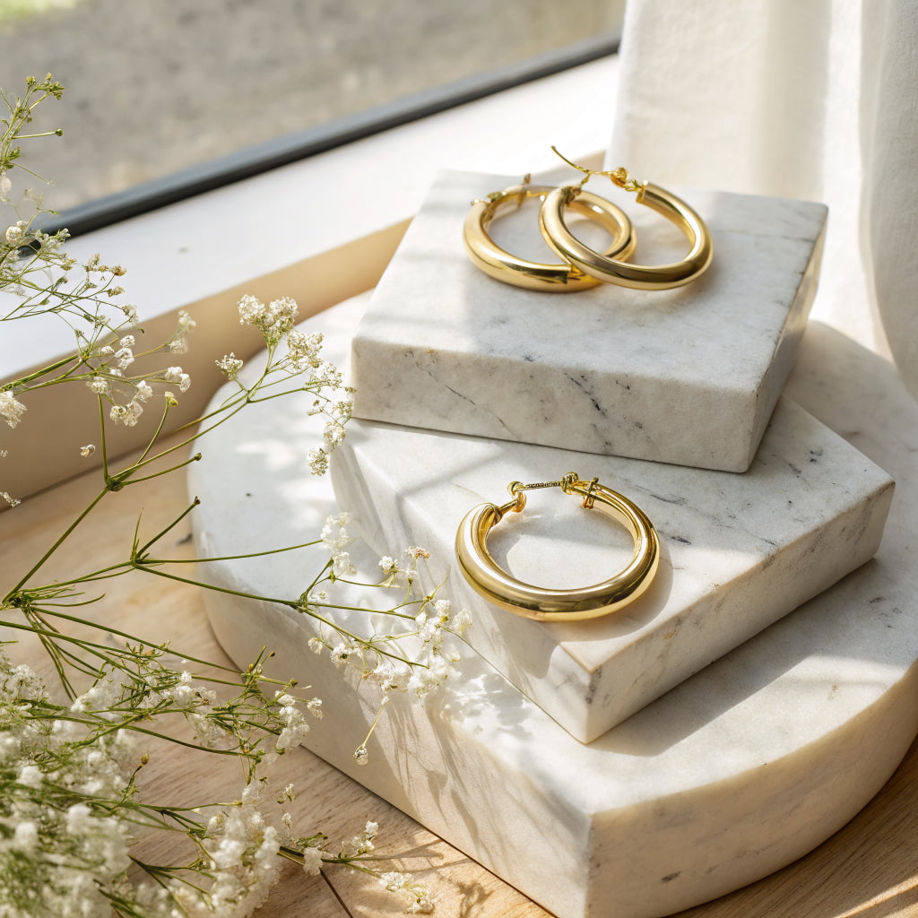 small gold hoop earrings worn, close-up - Norfloor