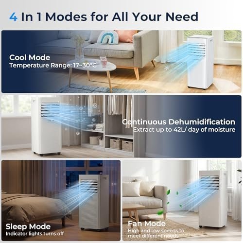 norfloor-9000-btu-portable-air-conditioner-4-in-1-cooling-dehumidifie-3 9000 BTU Portable Air Conditioner, 4-in-1 Cooling, Dehumidifier, Fan & Sleep Mode, Remote Control, 24-Hour Timer, Exhaust Hose Kit, Energy Class A - view 3