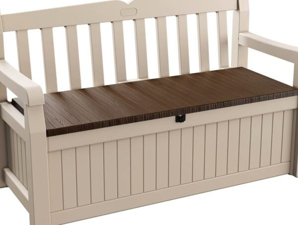 Eden Bench 265L Outdoor 60% recycled Garden Furniture Storage Box Beige & Brown Wood Panel Effect | Fade Free | All Weather Resistant | Safe and Secure | Zero Maintenance | 2 year Warranty