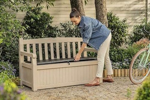 Eden Bench 265L Outdoor 60% recycled Garden Furniture Storage Box Beige & Brown Wood Panel Effect | Fade Free | All Weather Resistant | Safe and Secure | Zero Maintenance | 2 year Warranty - view 2