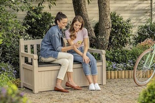 Eden Bench 265L Outdoor 60% recycled Garden Furniture Storage Box Beige & Brown Wood Panel Effect | Fade Free | All Weather Resistant | Safe and Secure | Zero Maintenance | 2 year Warranty - view 3