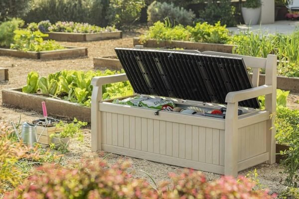 Eden Bench 265L Outdoor 60% recycled Garden Furniture Storage Box Beige & Brown Wood Panel Effect | Fade Free | All Weather Resistant | Safe and Secure | Zero Maintenance | 2 year Warranty - view 4