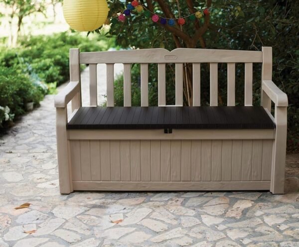 Eden Bench 265L Outdoor 60% recycled Garden Furniture Storage Box Beige & Brown Wood Panel Effect | Fade Free | All Weather Resistant | Safe and Secure | Zero Maintenance | 2 year Warranty - view 6
