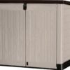 Store It Out Pro Outdoor Garden Furniture Storage Shed Beige with Brown Lid Fade Free All Weather Resistant Safe and Secure Zero Maintenance 5 year Warranty
