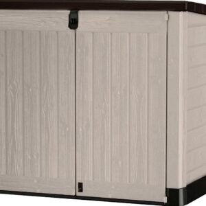 Store It Out Pro Outdoor Garden Furniture Storage Shed Beige with Brown Lid Fade Free All Weather Resistant Safe and Secure Zero Maintenance 5 year Warranty