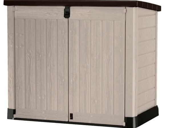 Store It Out Pro Outdoor Garden Furniture Storage Shed Beige with Brown Lid Fade Free All Weather Resistant Safe and Secure Zero Maintenance 5 year Warranty