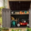 Store It Out Pro Outdoor Garden Furniture Storage Shed Beige with Brown Lid Fade Free All Weather Resistant Safe and Secure Zero Maintenance 5 year Warranty - view 4