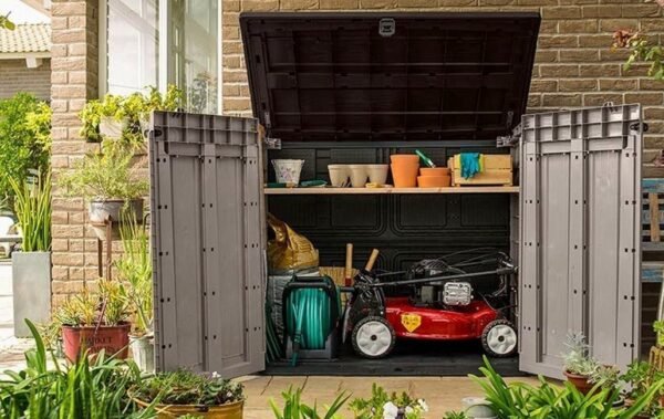 Store It Out Pro Outdoor Garden Furniture Storage Shed Beige with Brown Lid Fade Free All Weather Resistant Safe and Secure Zero Maintenance 5 year Warranty - view 4