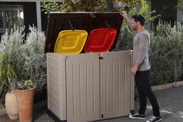 Store It Out Pro Outdoor Garden Furniture Storage Shed Beige with Brown Lid Fade Free All Weather Resistant Safe and Secure Zero Maintenance 5 year Warranty - view 5