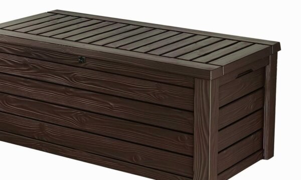 Westwood 570L Outdoor 75% recycled Garden Furniture Storage Box Brown Wood Panel Effect ; Fade Free ; All Weather Resistant ; Safe and Secure ; Zero Maintenance ; 2 year Warranty